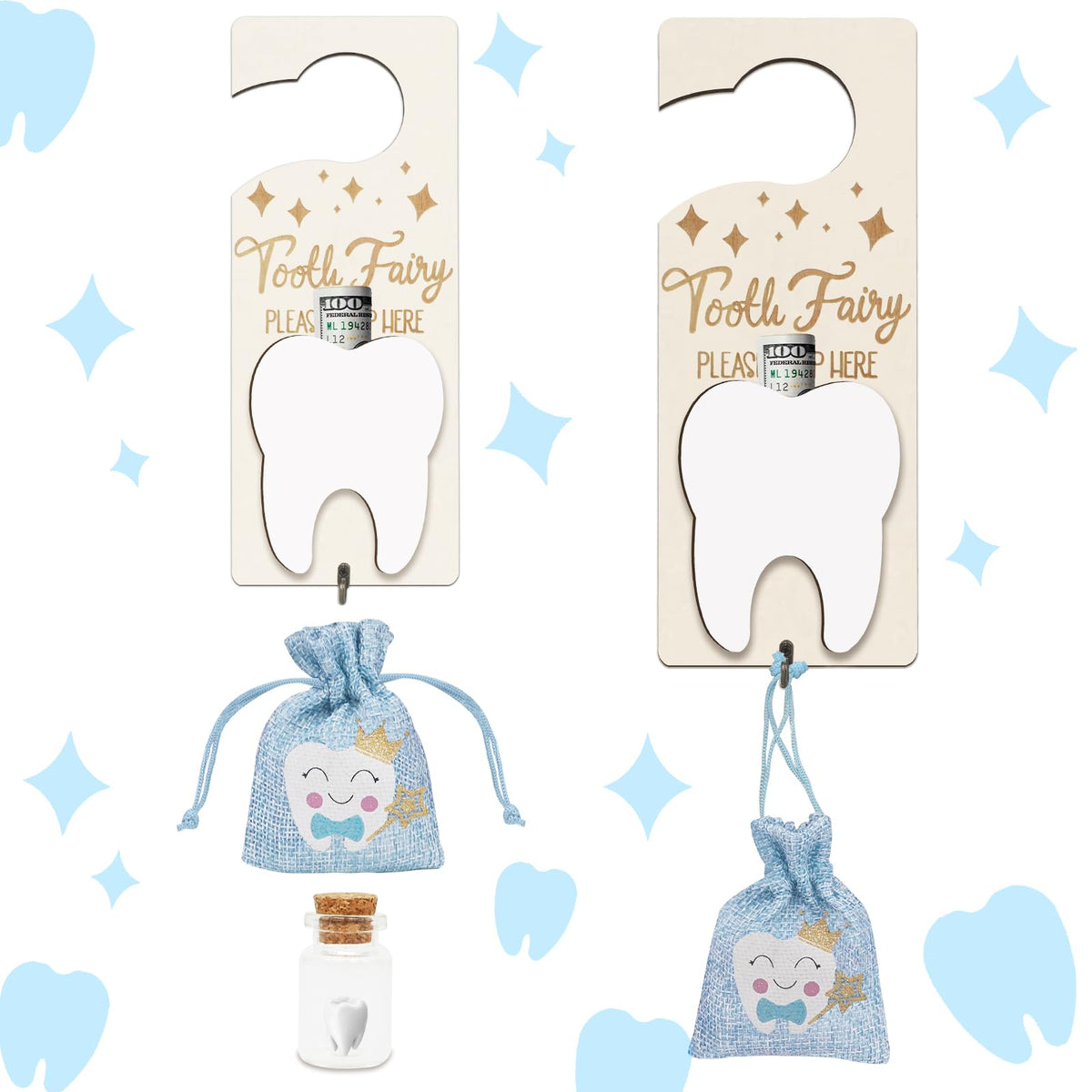 AINBIN Tooth Fairy Door Hanger blue helps celebrate tooth loss milestones with cheerful decor