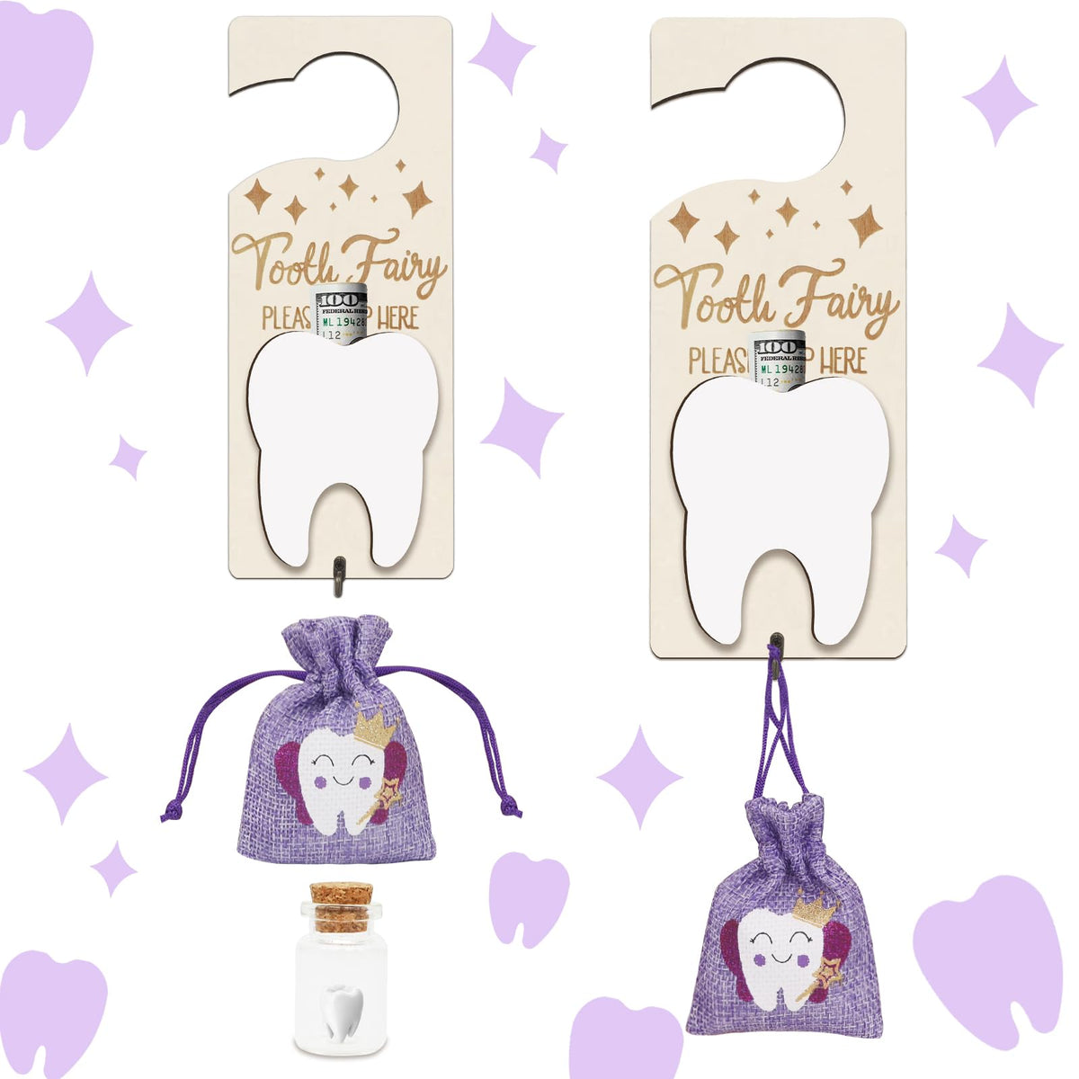 AINBIN Tooth Fairy door hanger in purple sparks bedtime joy and tooth-loss celebrations