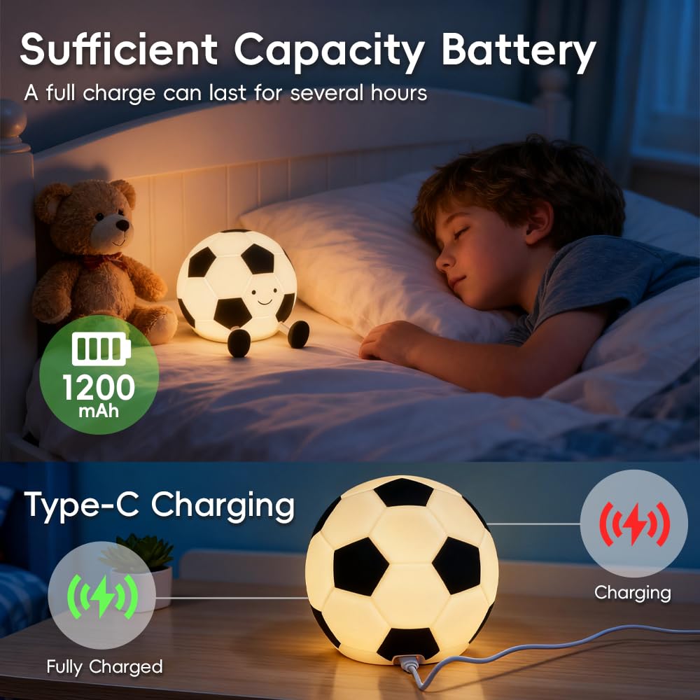 AINEEU soccer night light timer enables 30-minute auto-off for sleep routines.