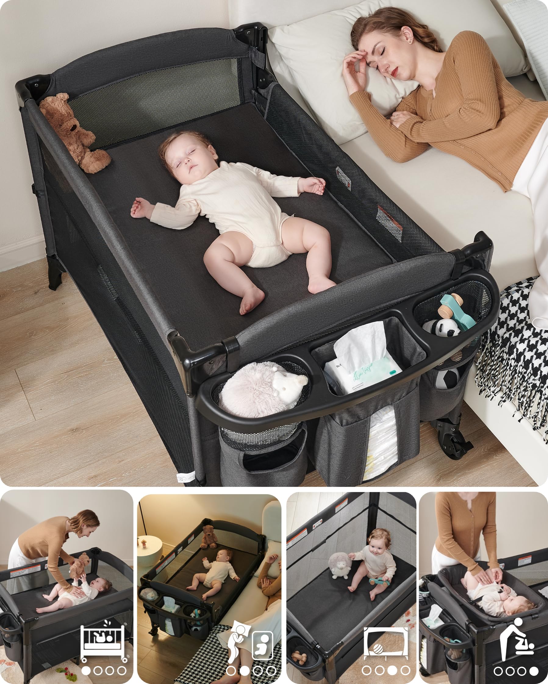 AirClub 4-in-1 bedside sleeper with changing table for diaper duty.