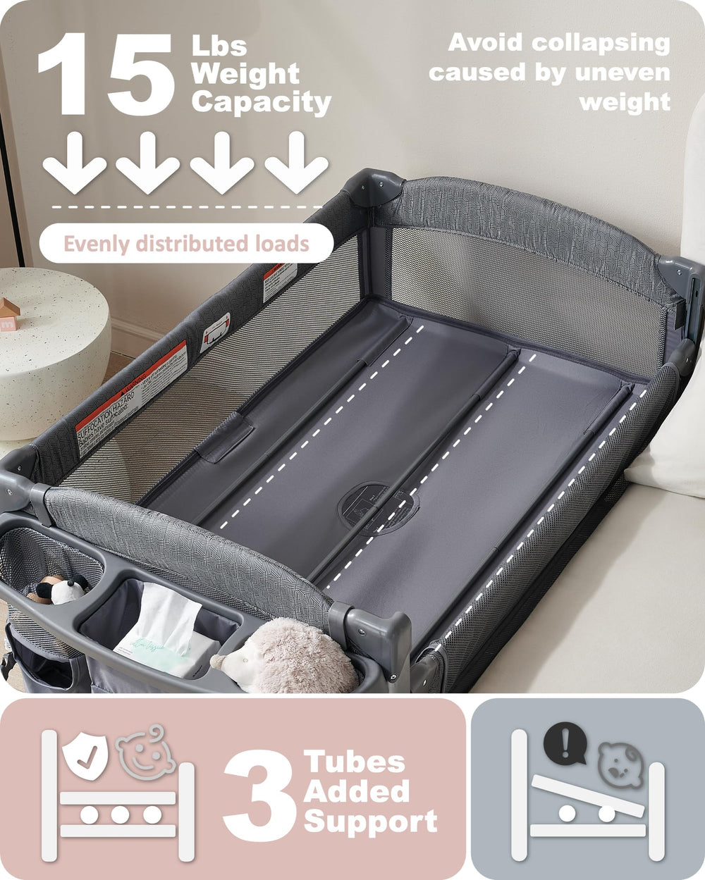 AirClub breathable mesh bassinet highlighting airflow and airy sleeping space.
