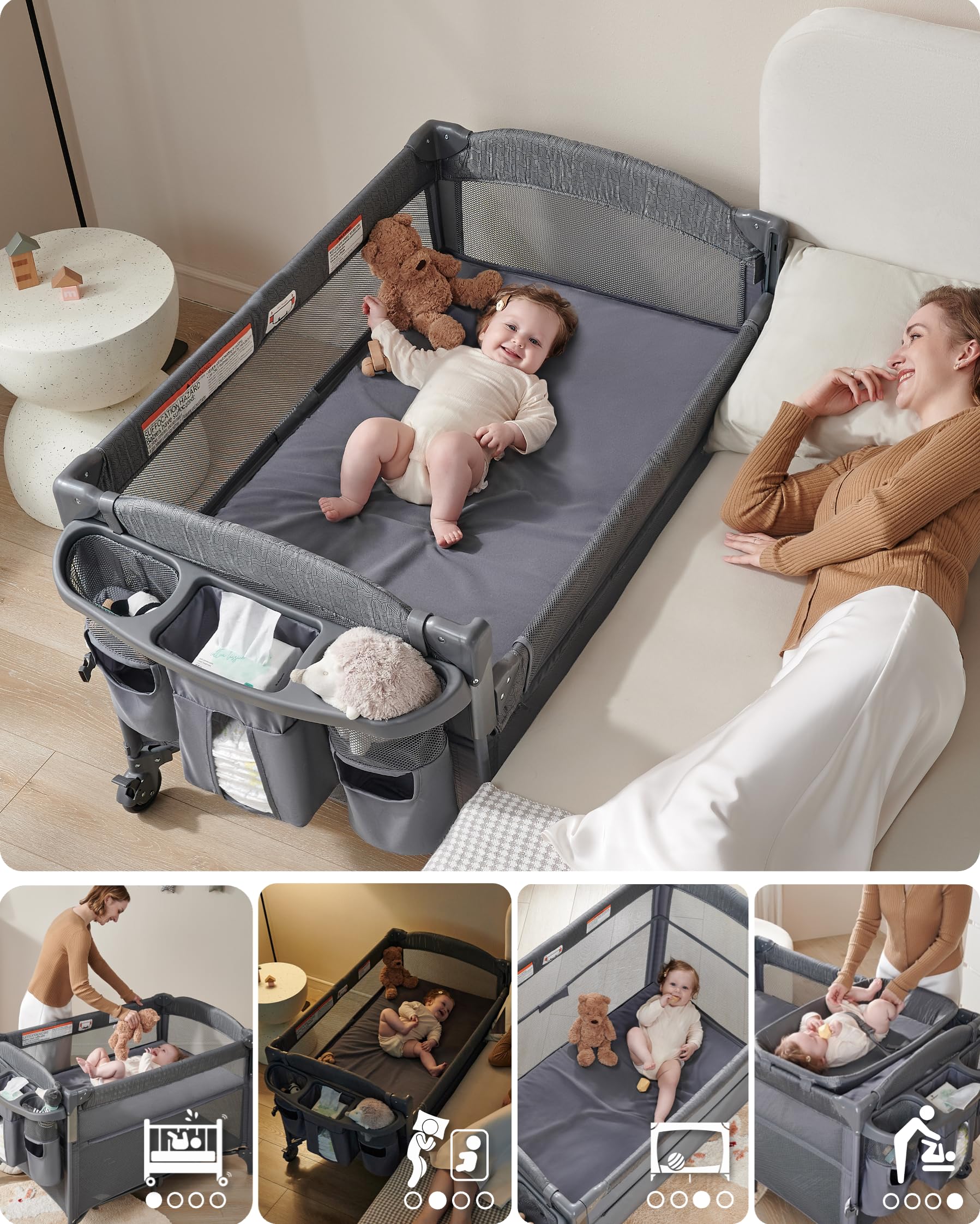 AirClub bedside sleeper retractable side shown for direct baby access during night feeds.