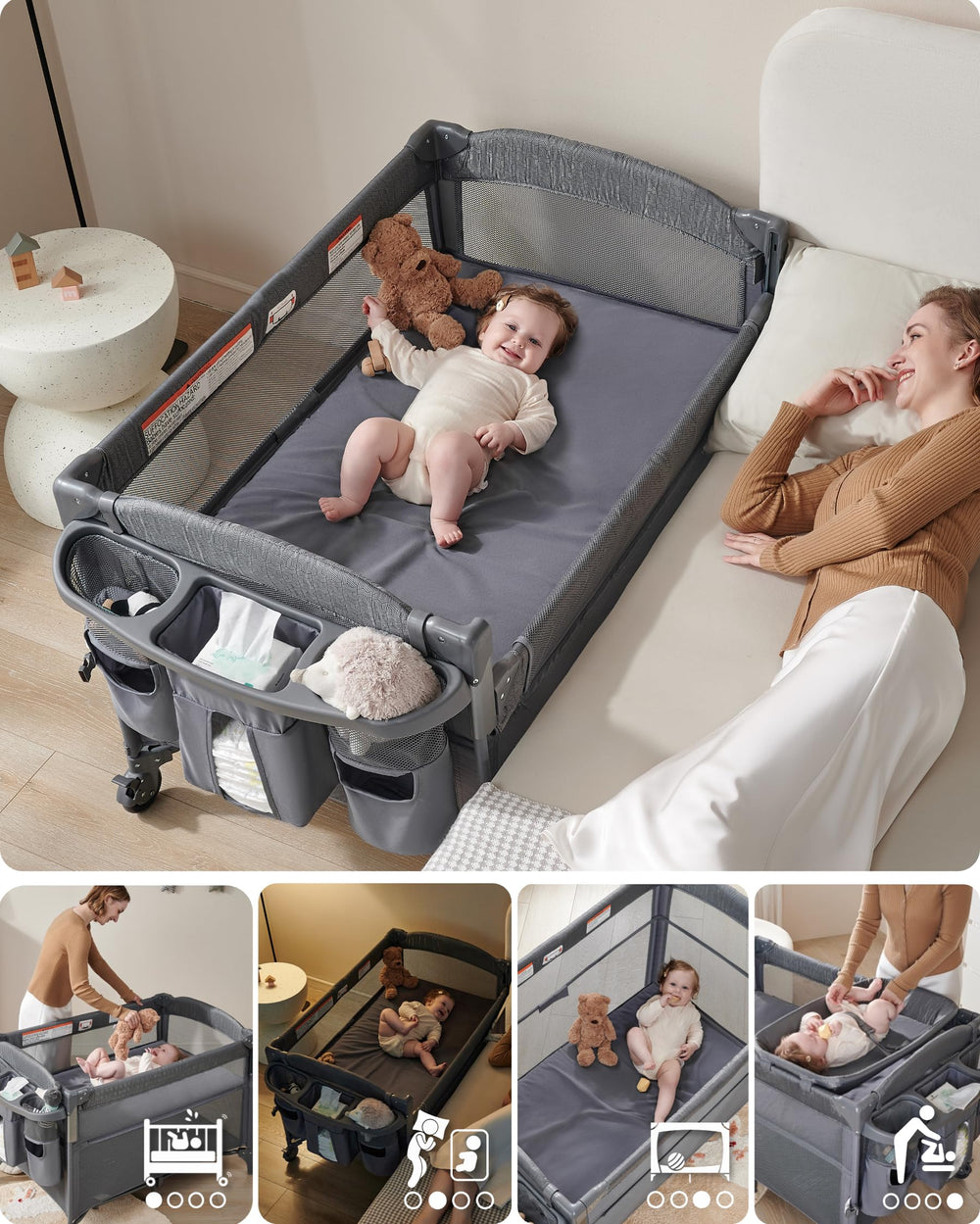 AirClub bedside sleeper retractable side shown for direct baby access during night feeds.