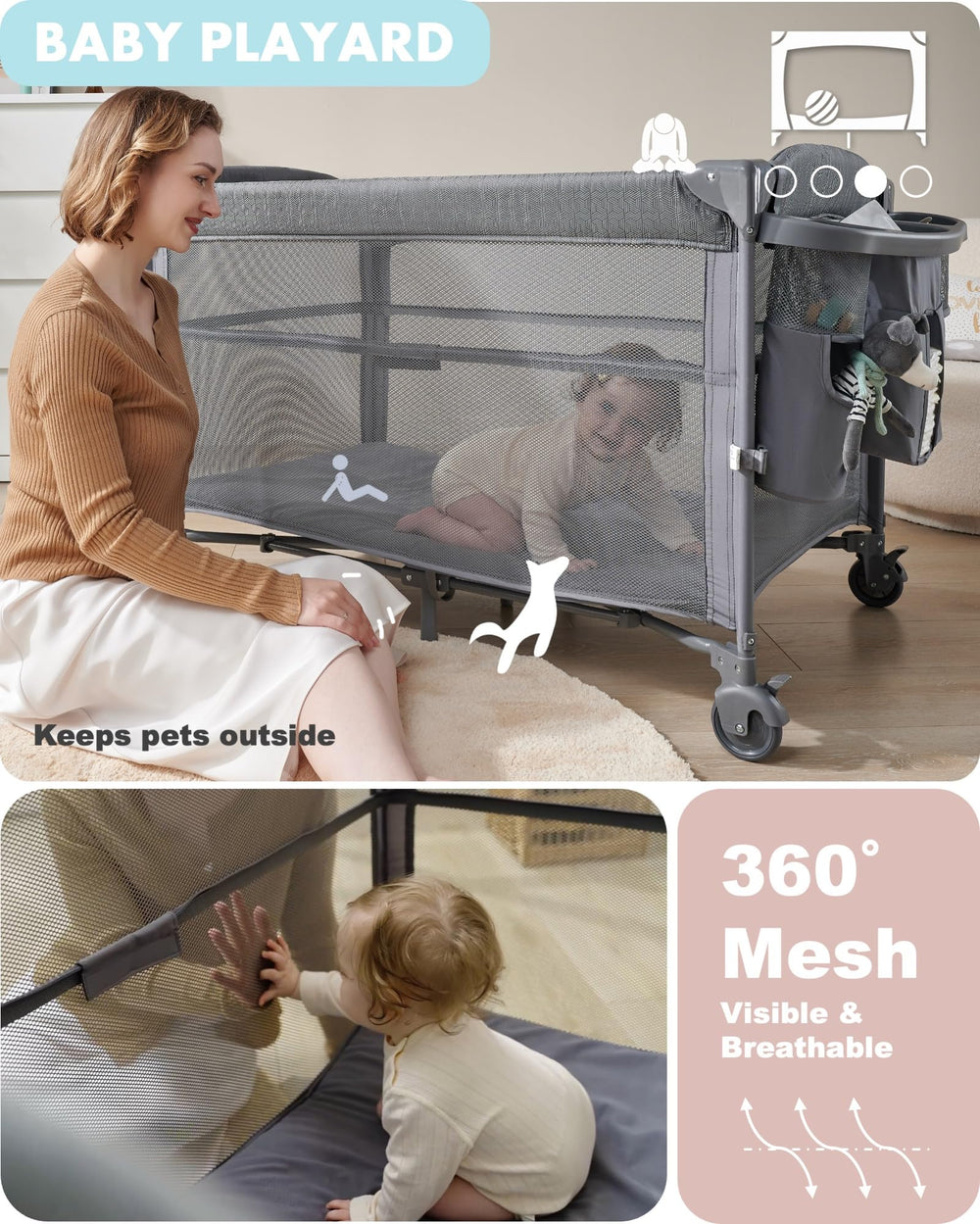 AirClub detachable bassinet layer to convert into a playard.