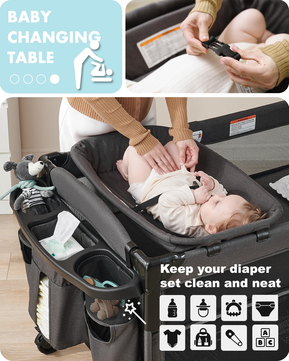 AirClub portable changing table with safety belt for secure diaper changes.