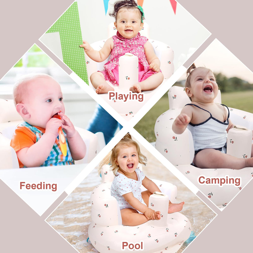 AirSwim infant chair used on floor, bed, and beach for play.