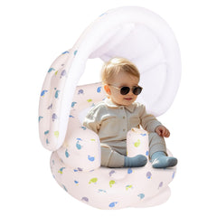 AirSwim inflatable baby seat with detachable canopy provides sun protection during outdoor use