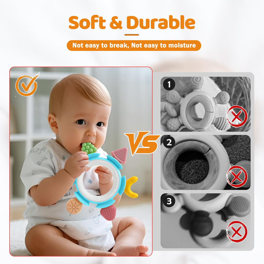 AiTuiTui baby teething ring banana shape promotes grip and hand-eye coordination.