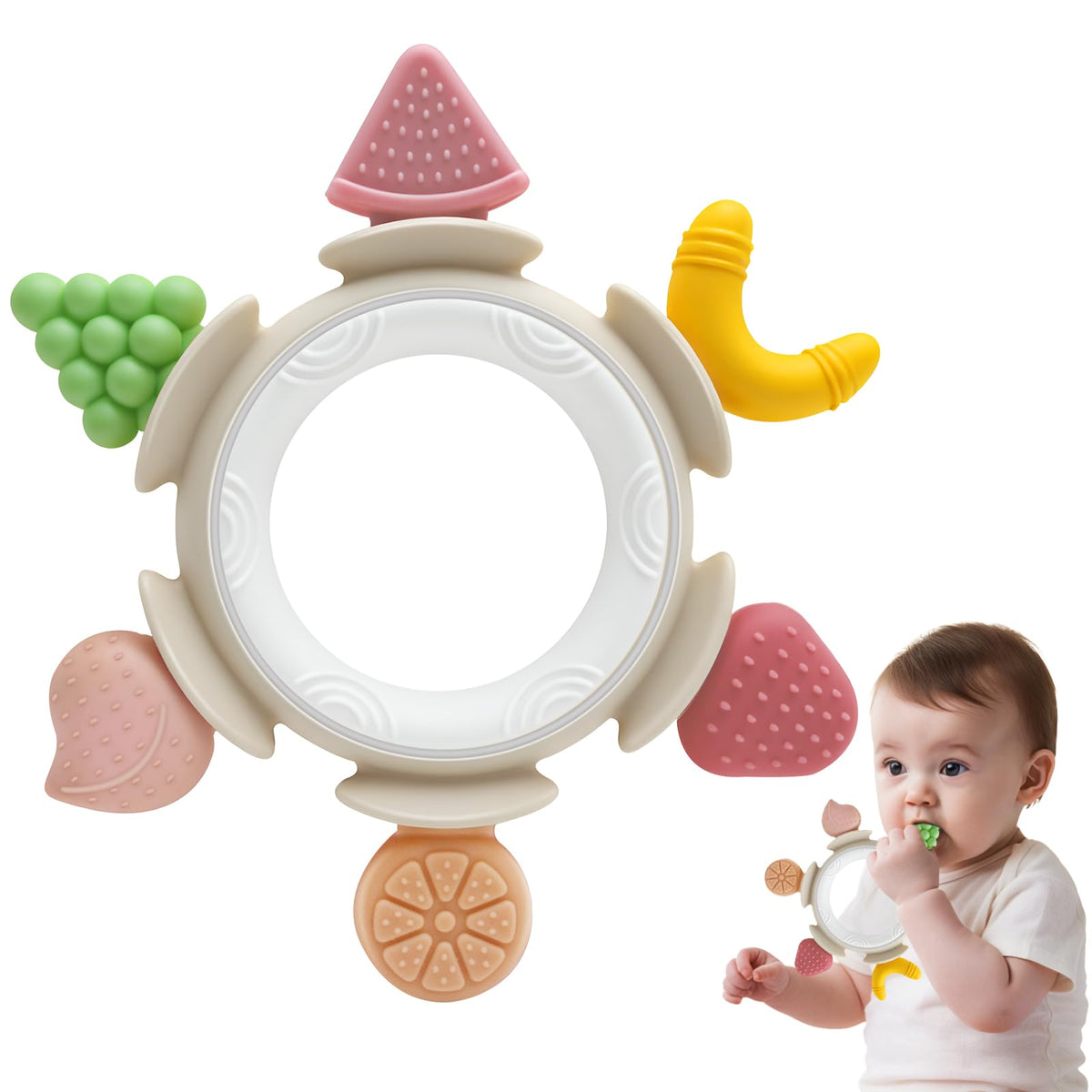 AiTuiTui baby teething ring peach for soothing sore gums on-the-go
