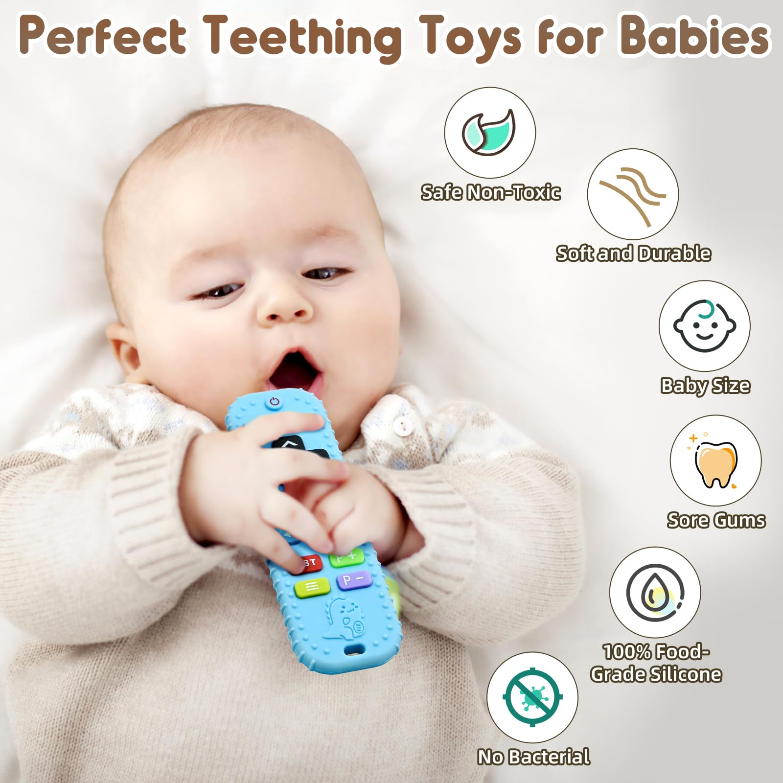 AiTuiTui soft silicone teether with dinosaur textures for little hands.