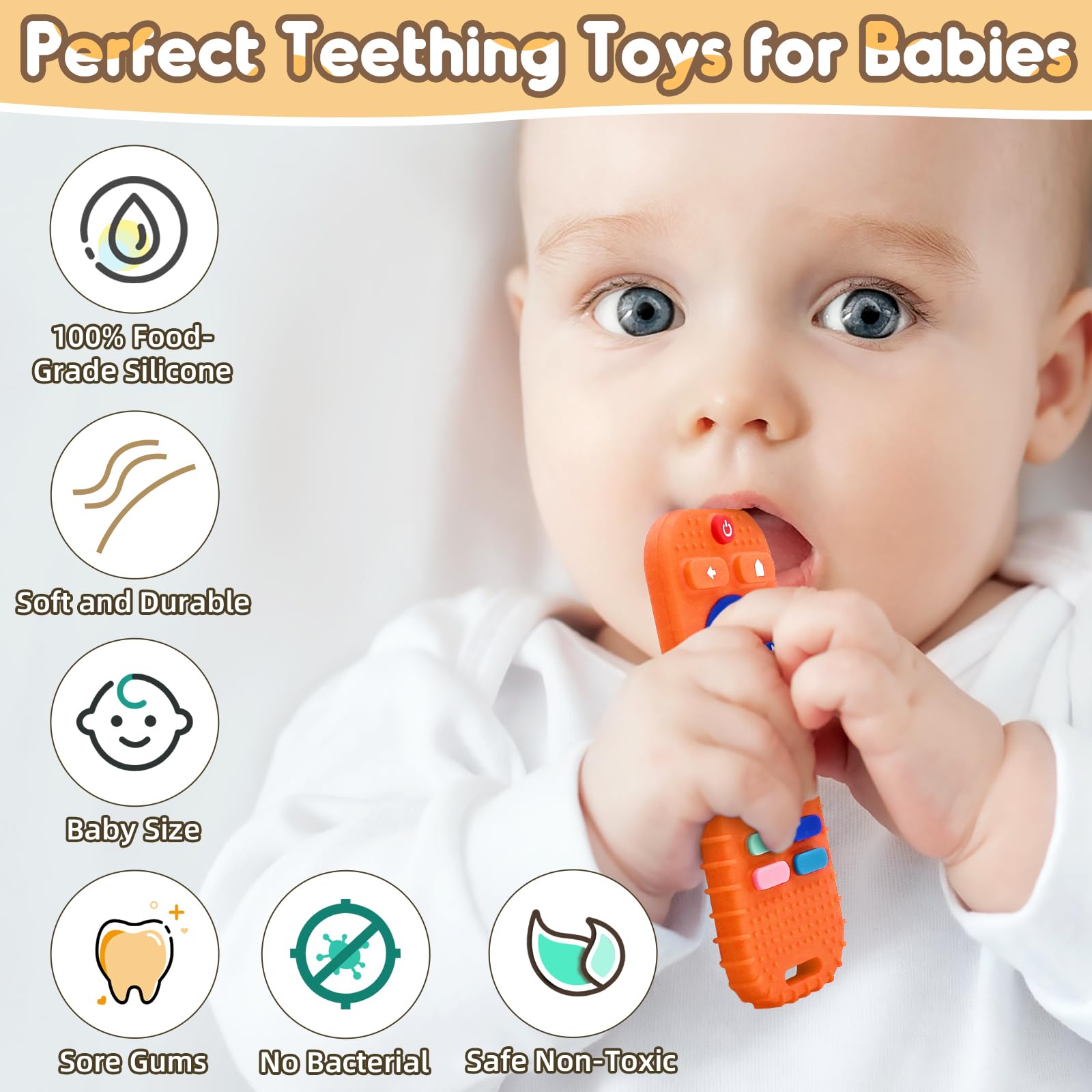 AiTuiTui silicone teether with dinosaur textures orange for improved grip.