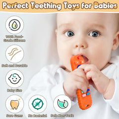 AiTuiTui silicone teether with dinosaur textures orange for improved grip.