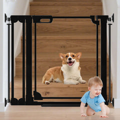 AiWMGL clear baby gate wide view shows adjustable 29-48 inch opening for stairs.