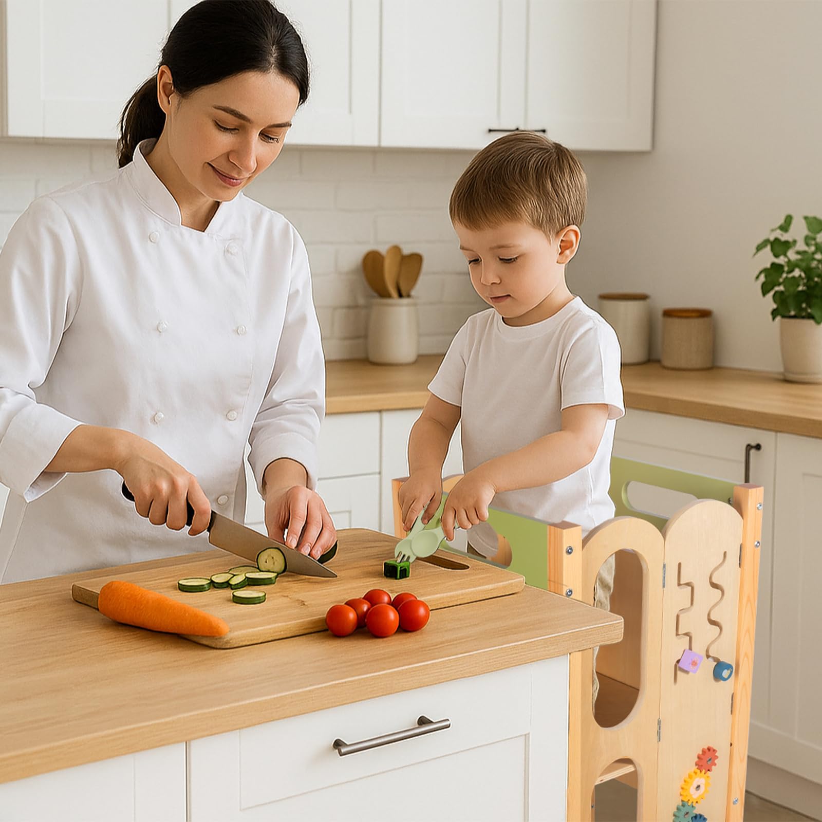 aiwo 6in1 toddler tower adjustable-height setting highlights growth-friendly design