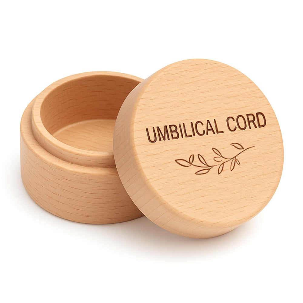 Ajcotahm umbiliical cord keepsake box closeup shows natural beech wood craft for lasting memories