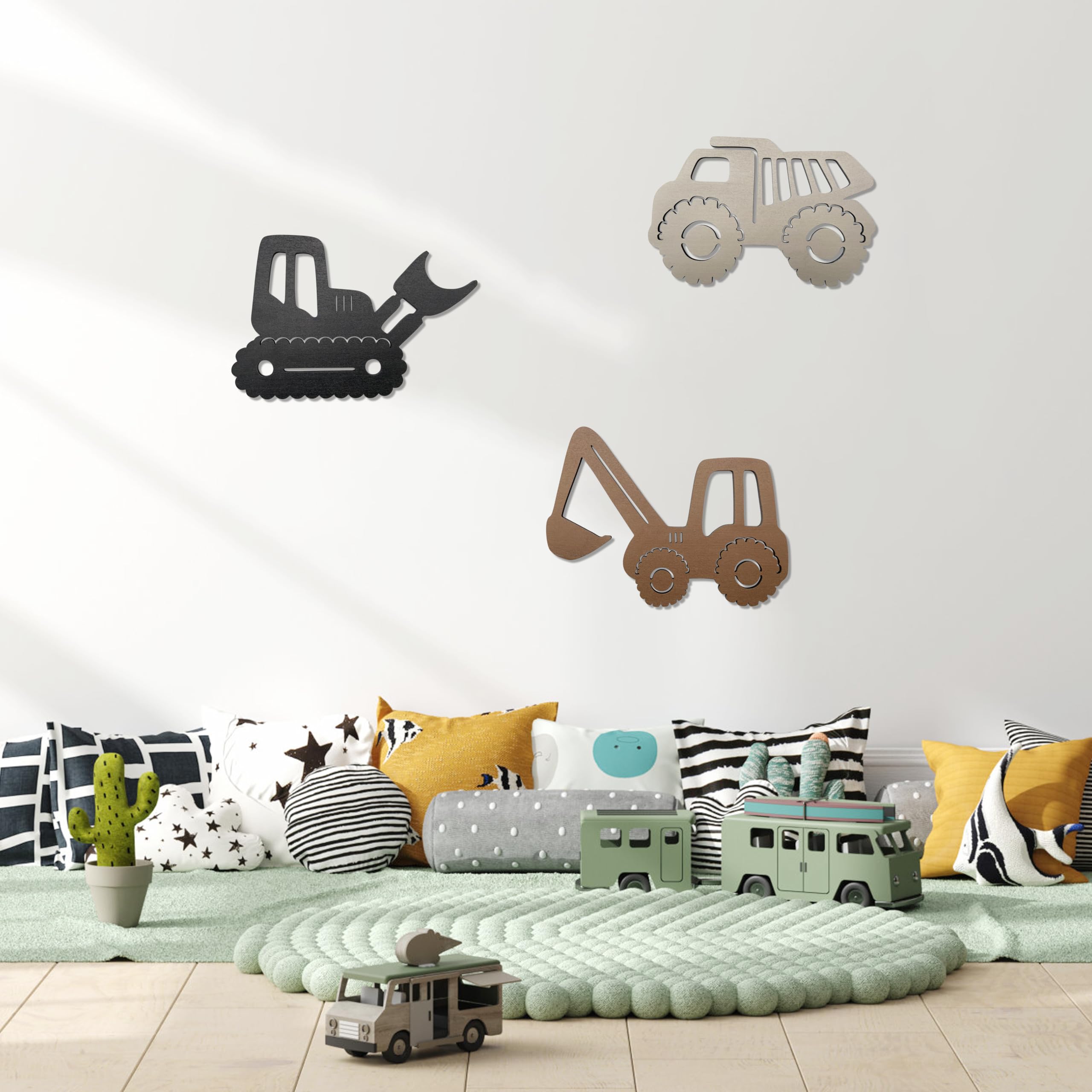 Ajqiomh Construction Trio dump-truck wall decor enhances a playful learning corner.
