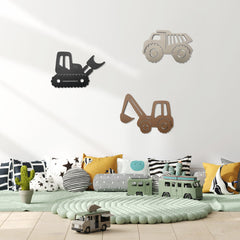 Ajqiomh Construction Trio dump-truck wall decor enhances a playful learning corner.