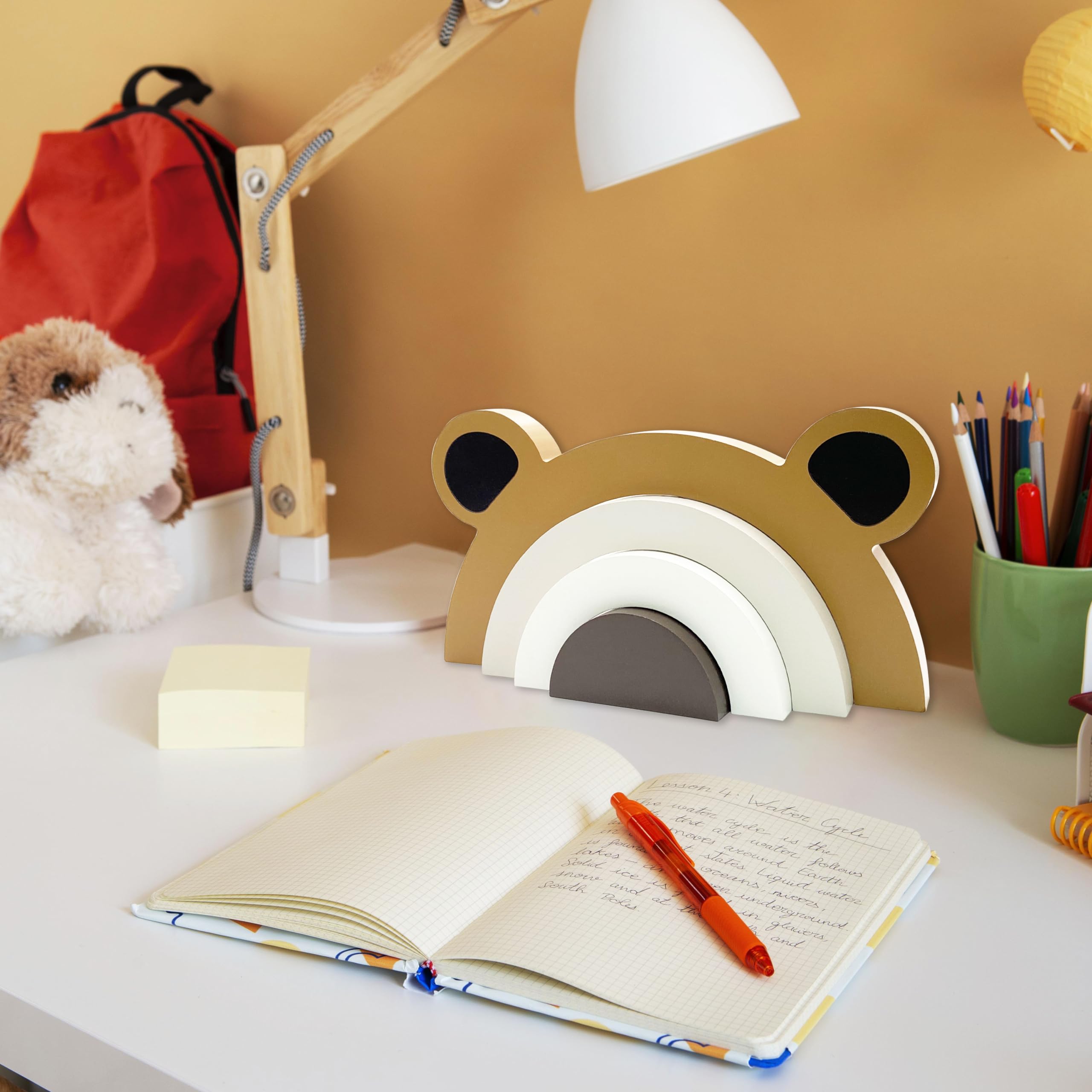Ajqiomh wooden bear rainbow decor in a nursery display, timeless white finish blends with decor.