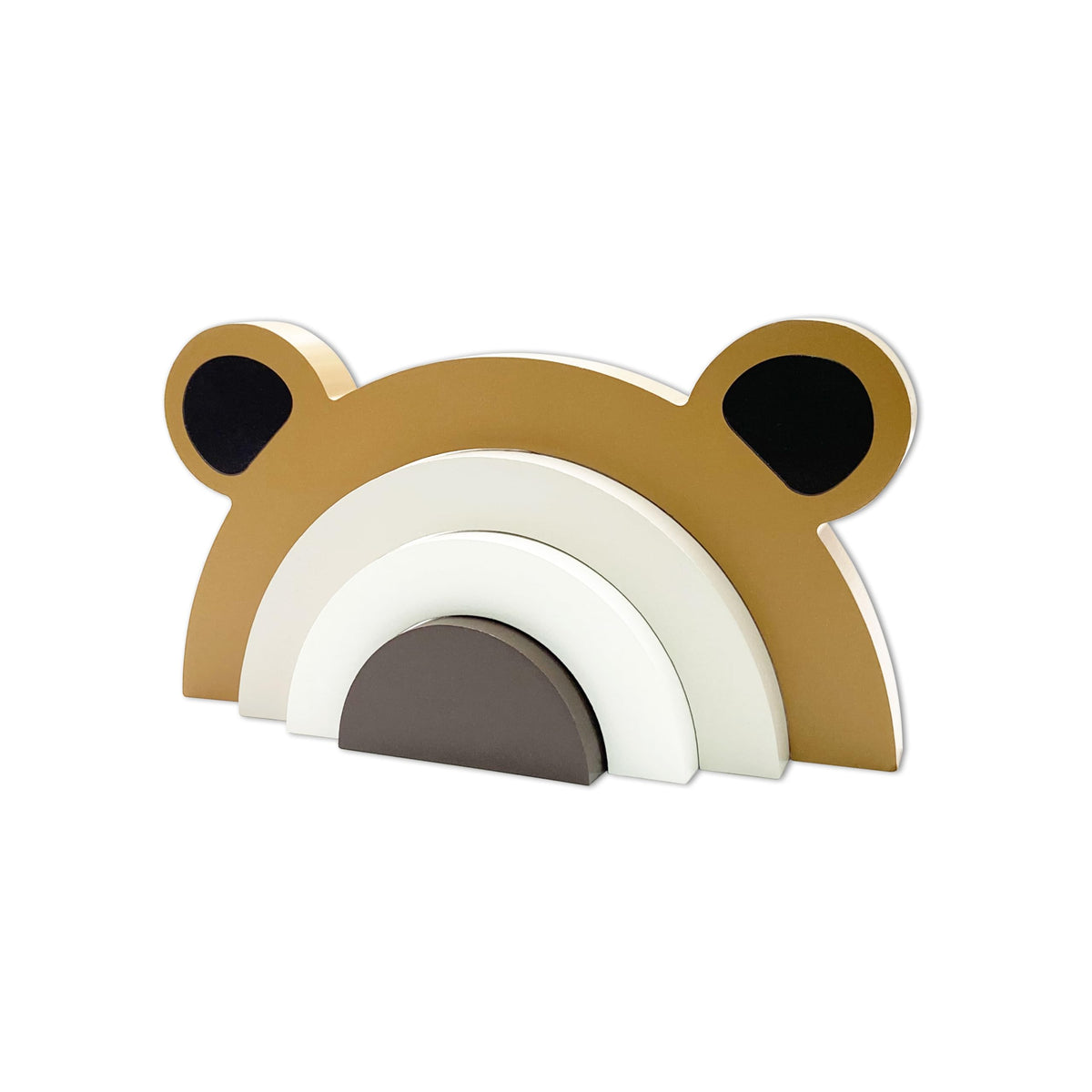 Ajqiomh wooden bear rainbow decor side view, a compact nursery accent for desks and shelves.