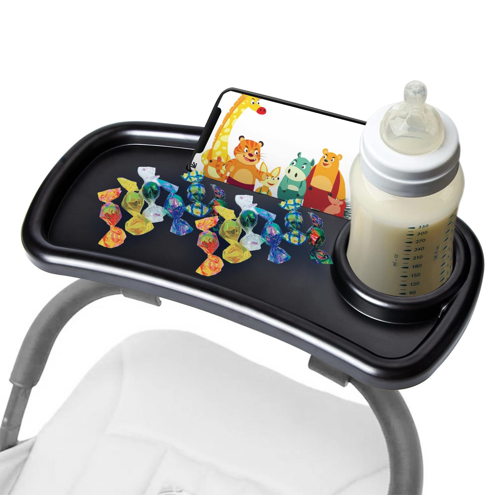 Ajrwiiy stroller snack tray with Graco cup holder for easy reach on family strolls.