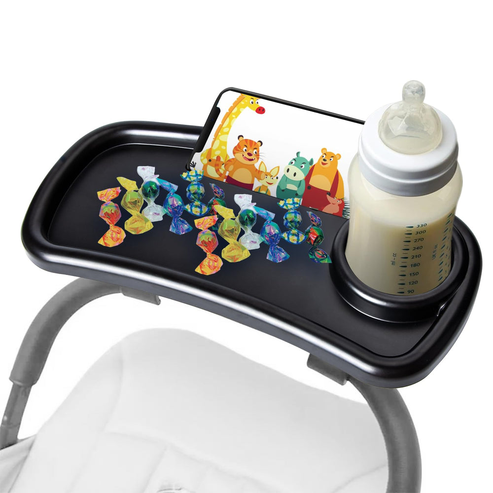Ajrwiiy stroller snack tray with Graco cup holder for easy reach on family strolls.