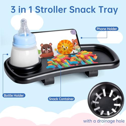Ajrwiiy stroller snack tray phone holder provides hands-free access during outings.