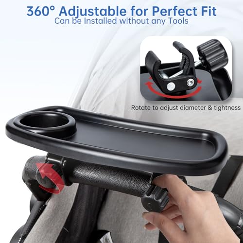 Ajrwiiy stroller tray 360-degree clip allows flexible positioning for different strollers.
