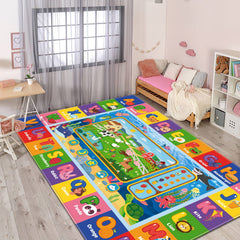 AKASISRUG educational rug alphabet close-up shows colorful learning letters.