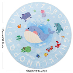 AKASISRUG whale-alphabet-design rug promotes playful learning in kids' rooms with bright illustrations.