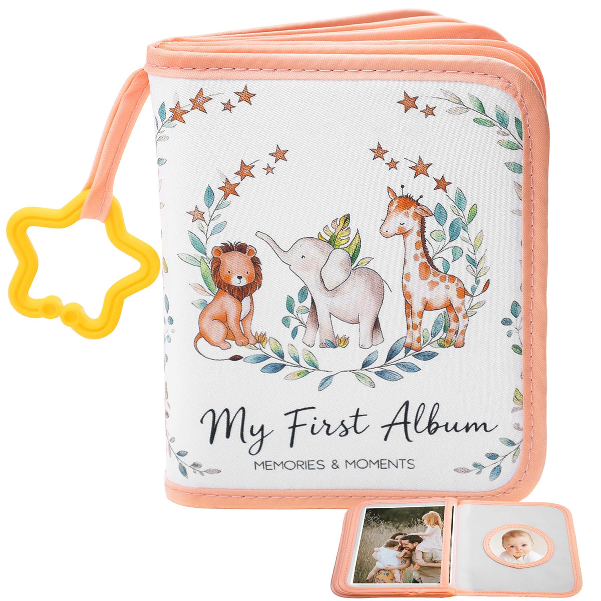 AKAYOK My First Photo Album cover with safari animals and soft fabric for baby