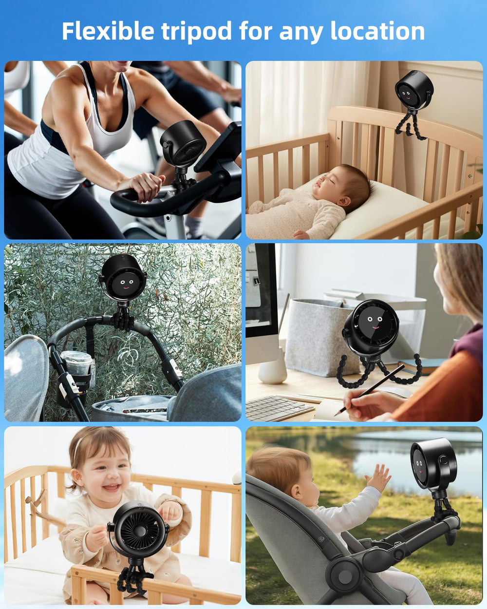 Akejrym Stroller Fan with multifunction tripod clip for stroller, crib, or table use.