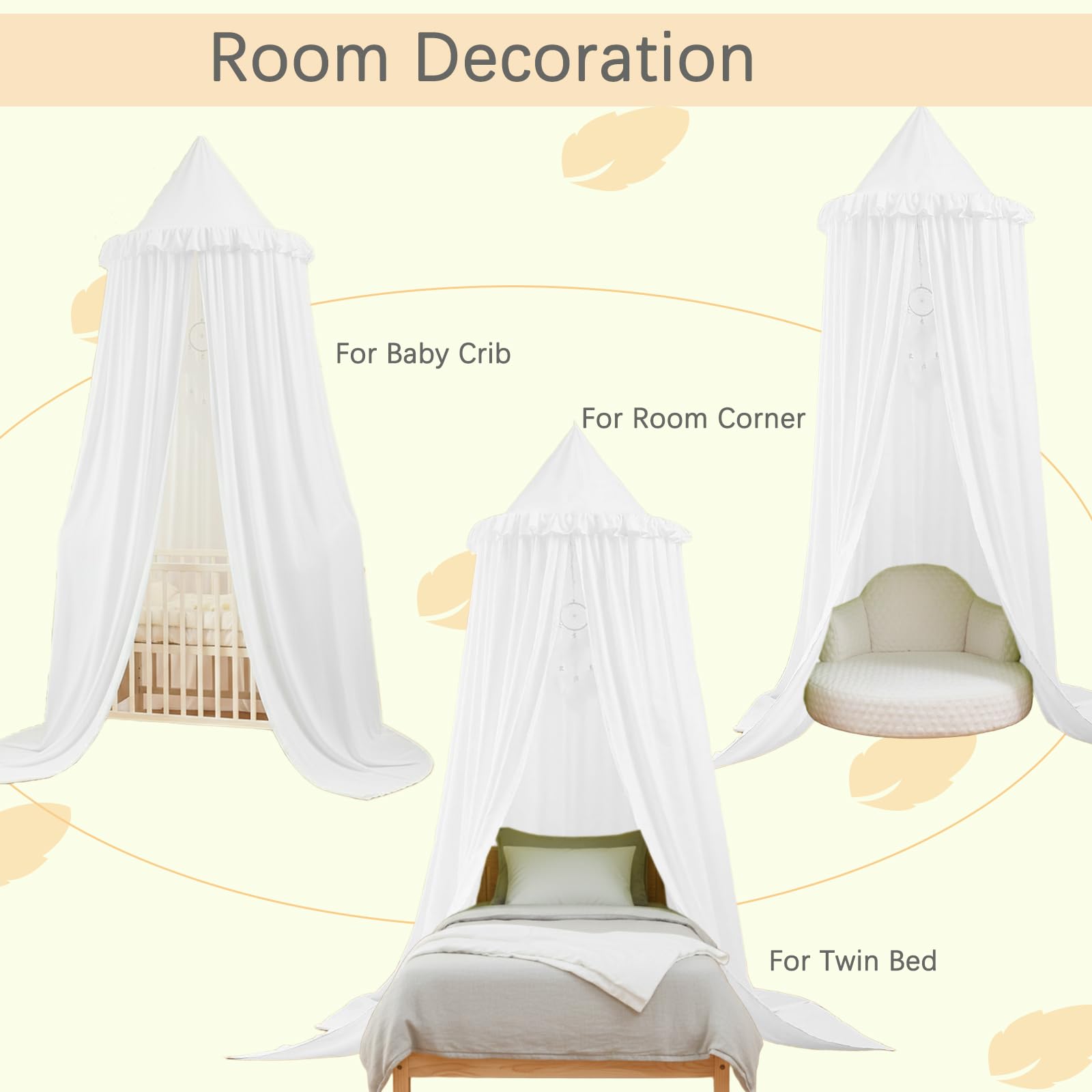 Akiky canopy close-up shows dreamcatcher detail and soft white fabric for serene nursery decor.