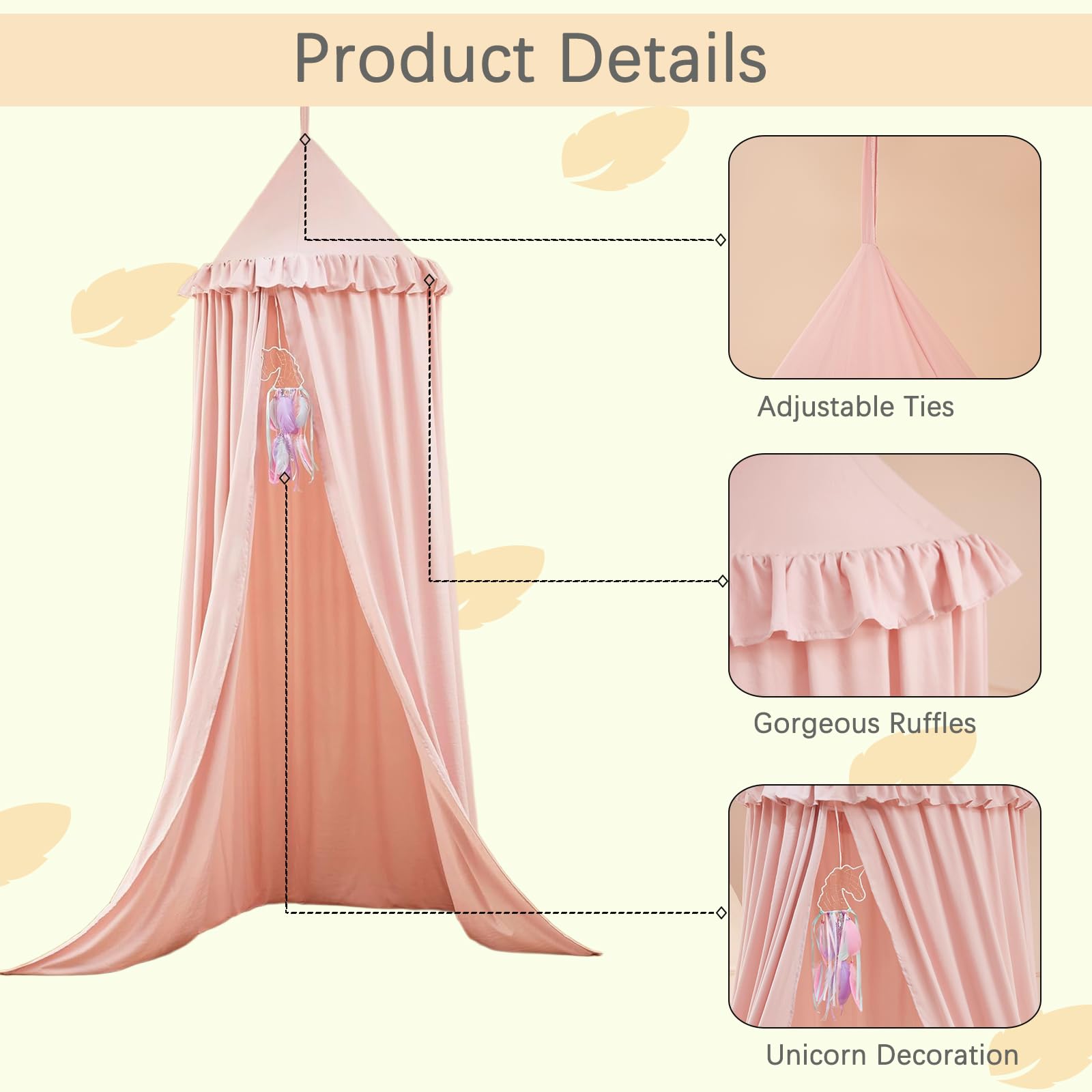 Akiky canopy uses soft polyester fabric, skin-friendly for kids and durable for busy rooms.