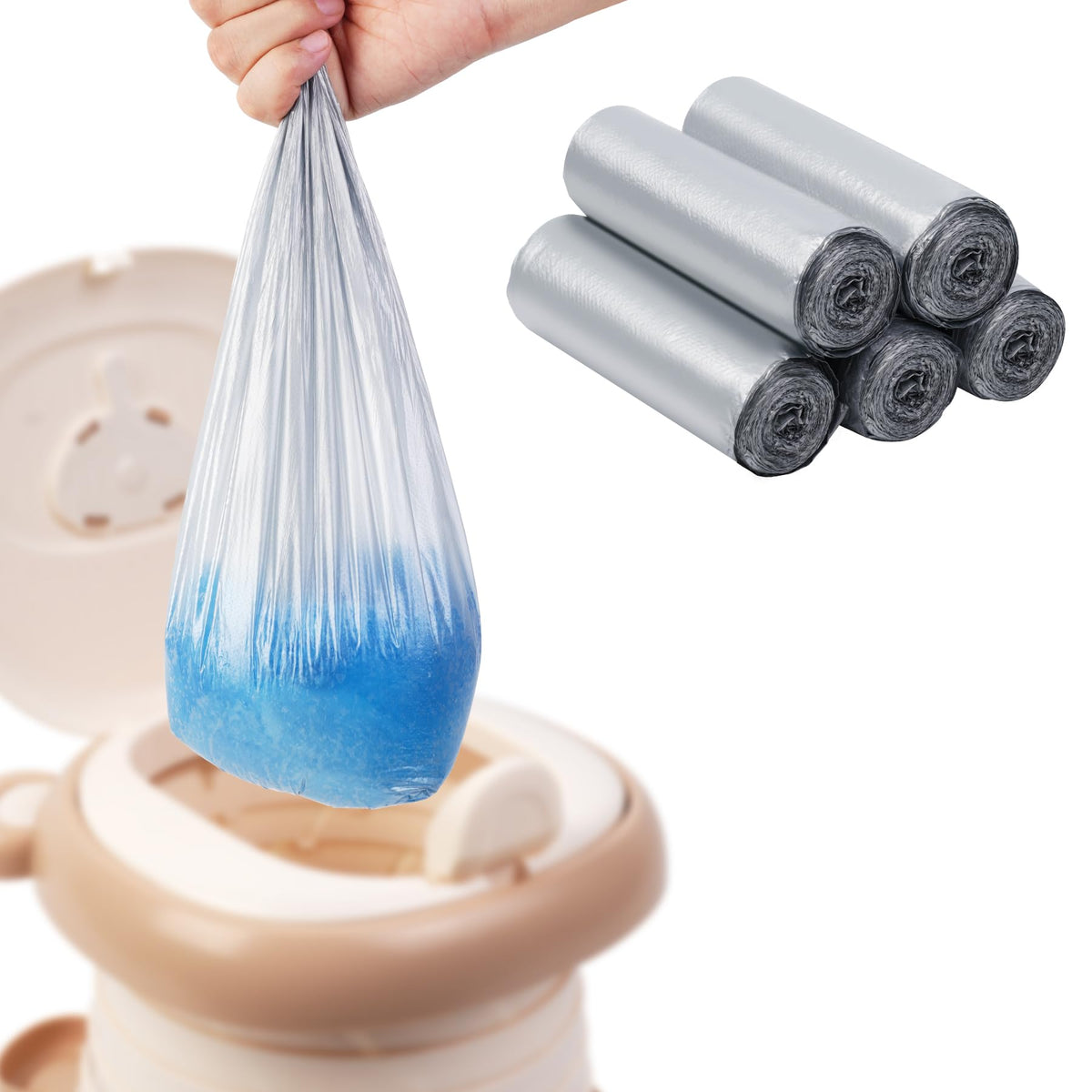 AKIMRABY potty liners 75-count pack in a compact travel pouch for mess-free outings.