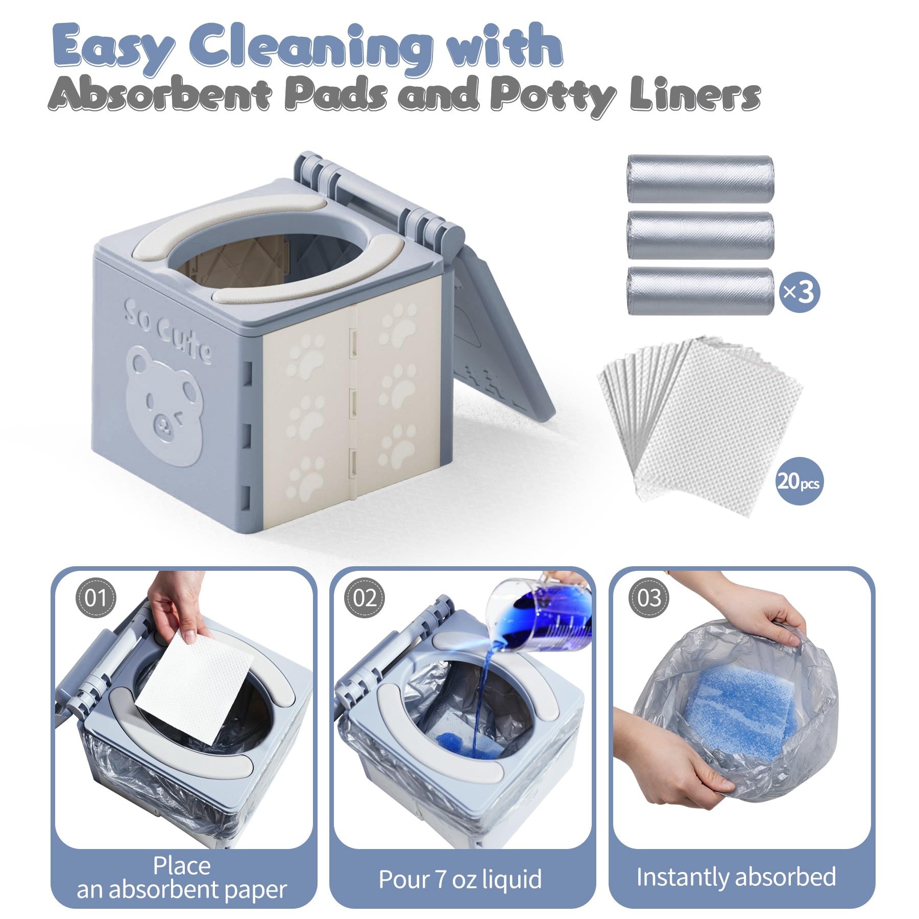 AKIMRABY travel potty-bags-pads include liners and absorbent pads for mess-free use