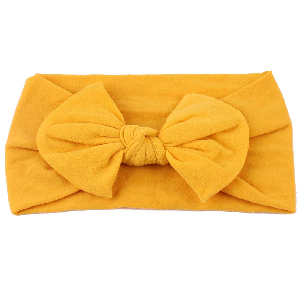 AKOAK yellow baby headband closeup shows soft nylon for gentle daily comfort.