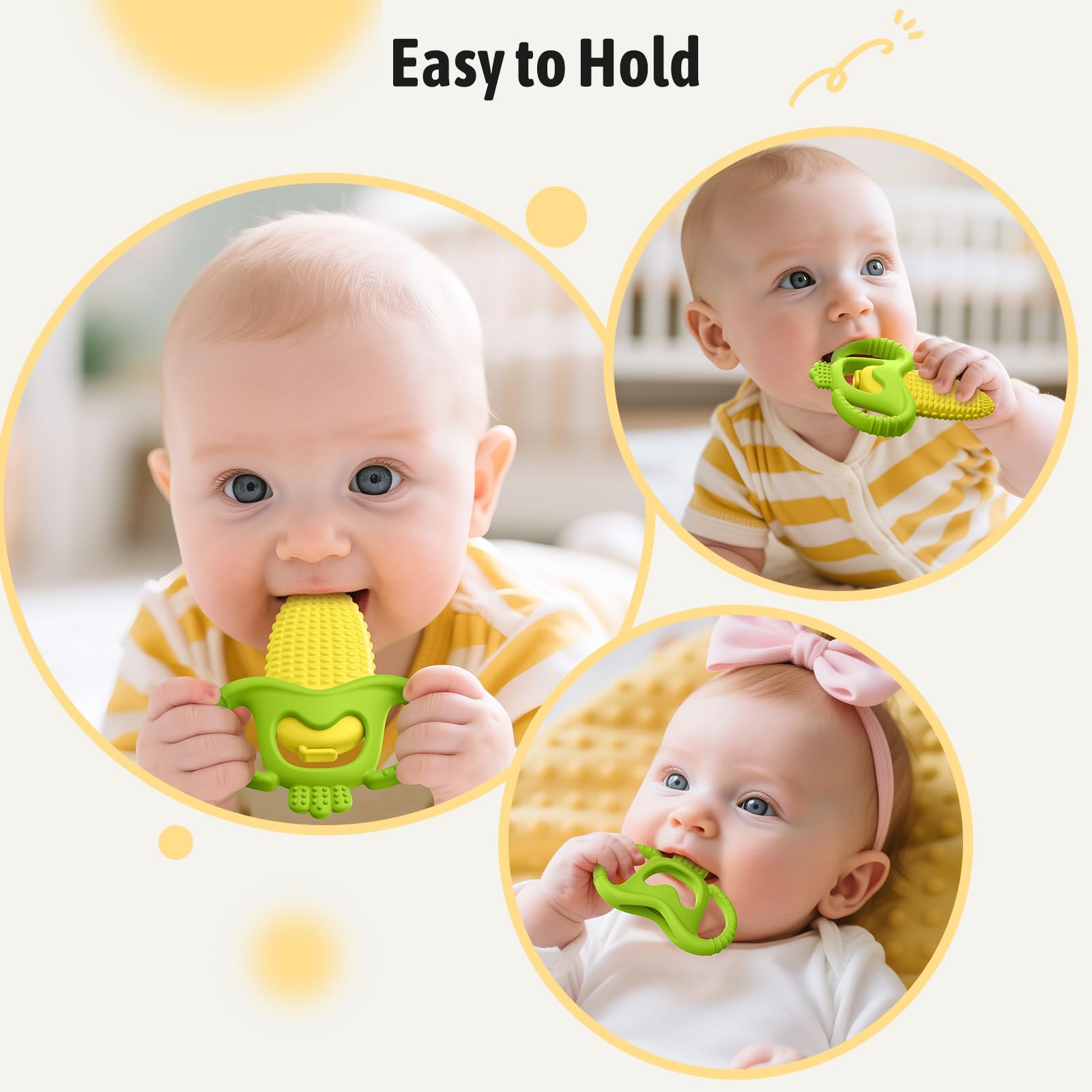 Akolik corn-B teether showcases its freezer core for long-lasting cooling.