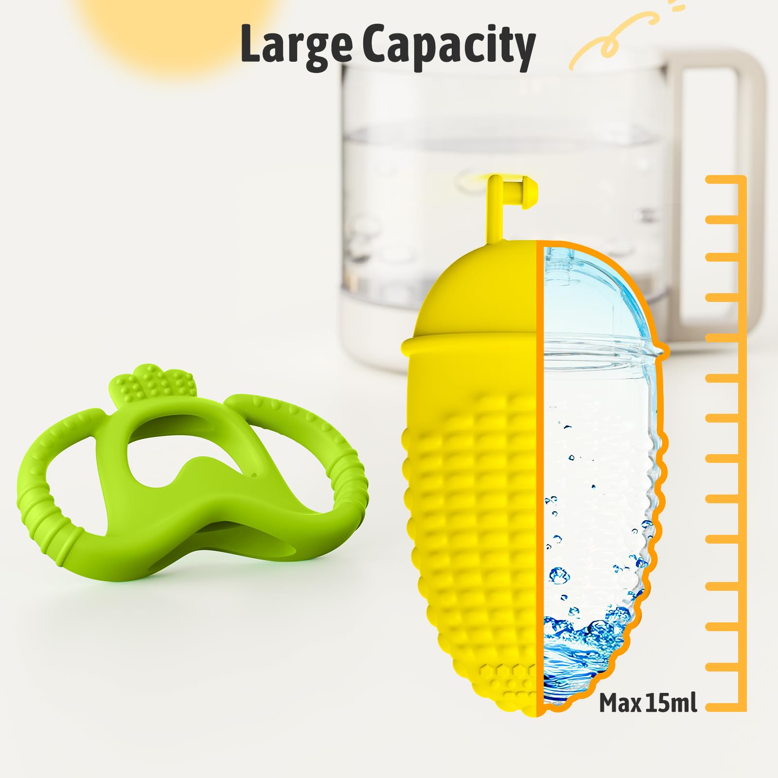 Akolik corn-B teether large-capacity water tank provides extended cooling.