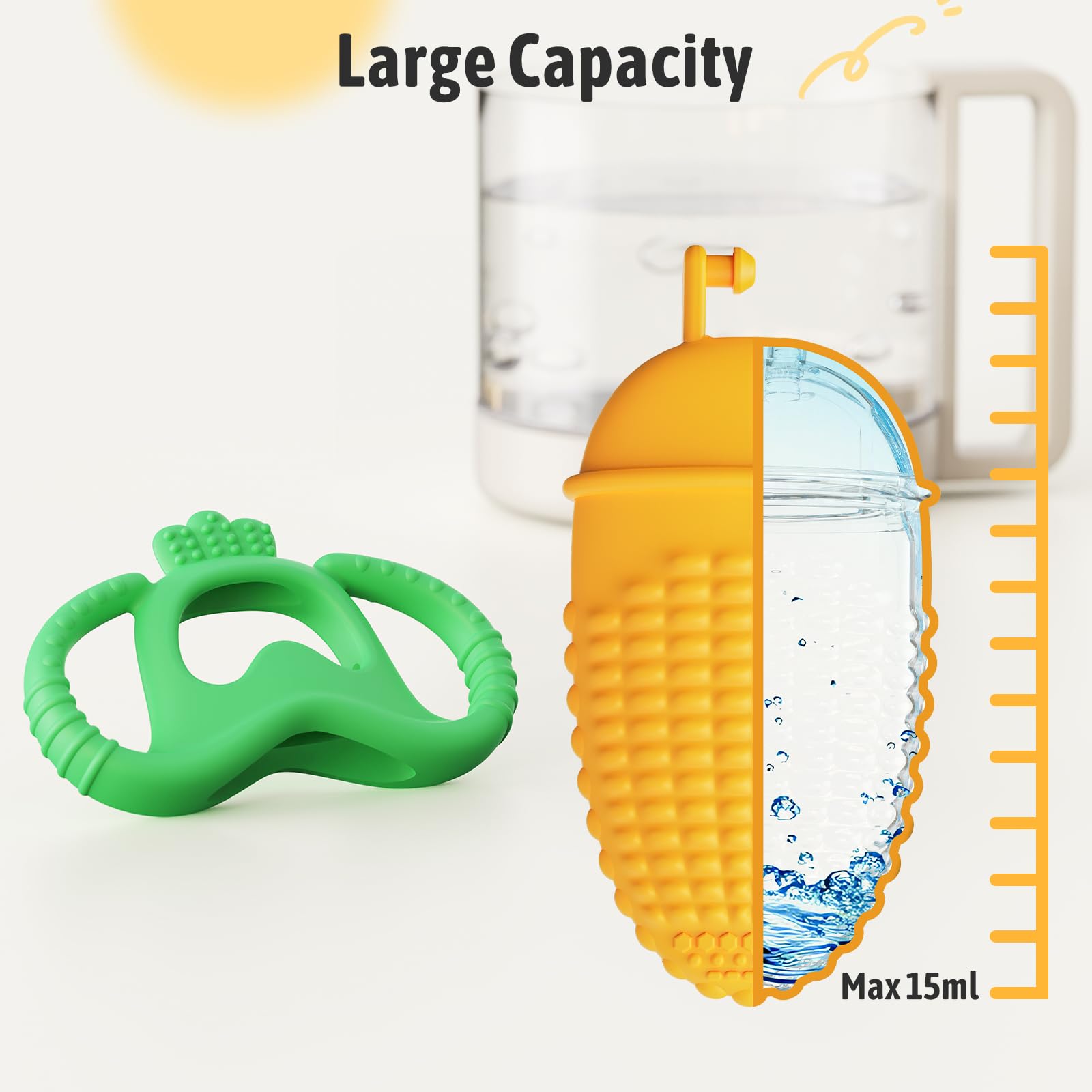 Akolik teether drain-port design reduces ingestion risk during use