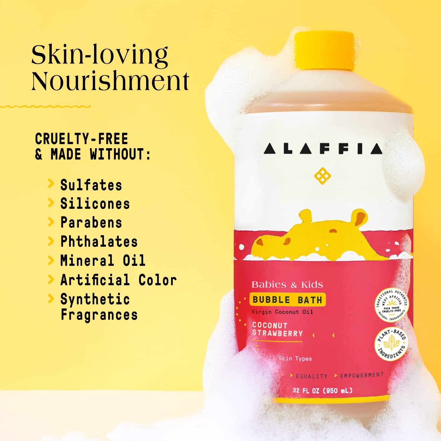 Alaffia bubble bath label details show ingredients and safety.