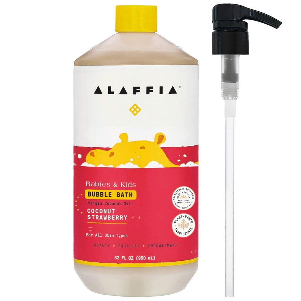 Alaffia Babies & Kids bubble bath pump closeup for easy bath-time dispensing.