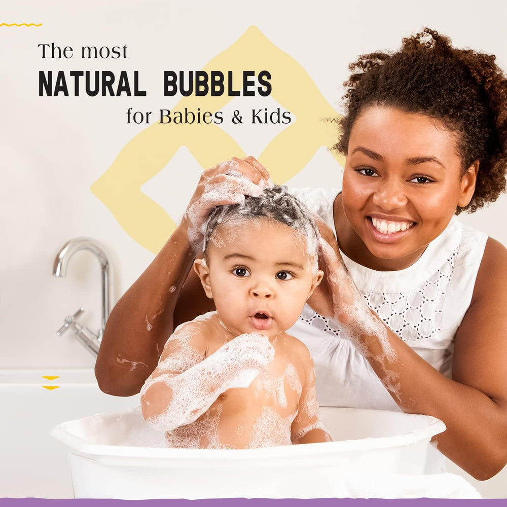 Alaffia bubbles close-up; gentle, playful foam for kids' bath time.