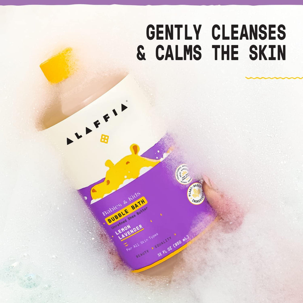 Alaffia bubble bath ingredients label; natural, cruelty-free formula for sensitive skin.