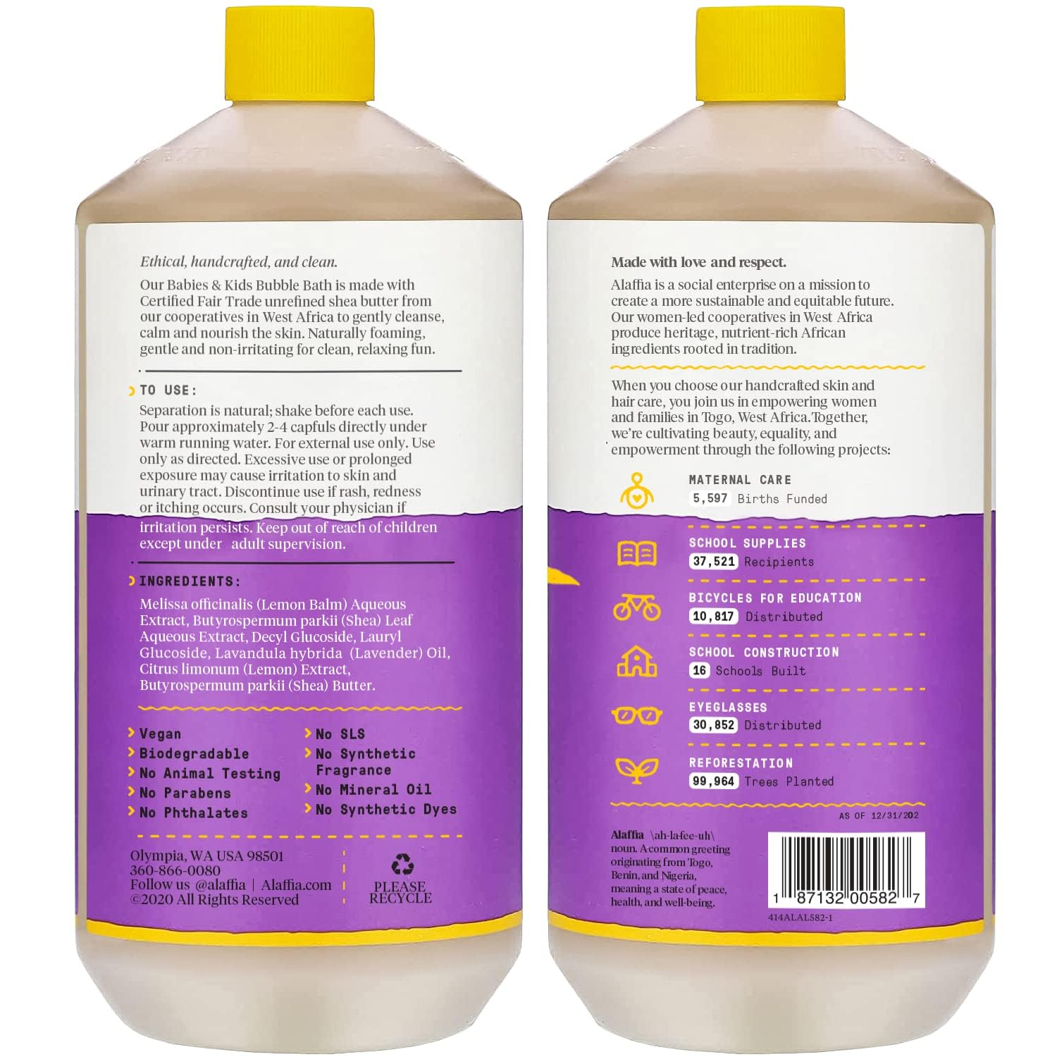 Alaffia bubble bath with lemon balm leaves; soothing herbal notes for calm bathtimes.