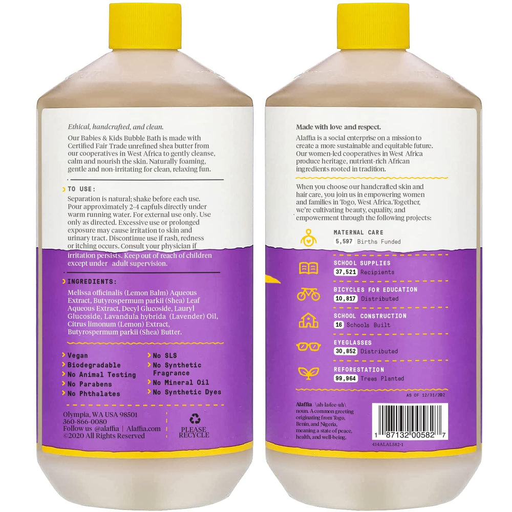 Alaffia bubble bath with lemon balm leaves; soothing herbal notes for calm bathtimes.