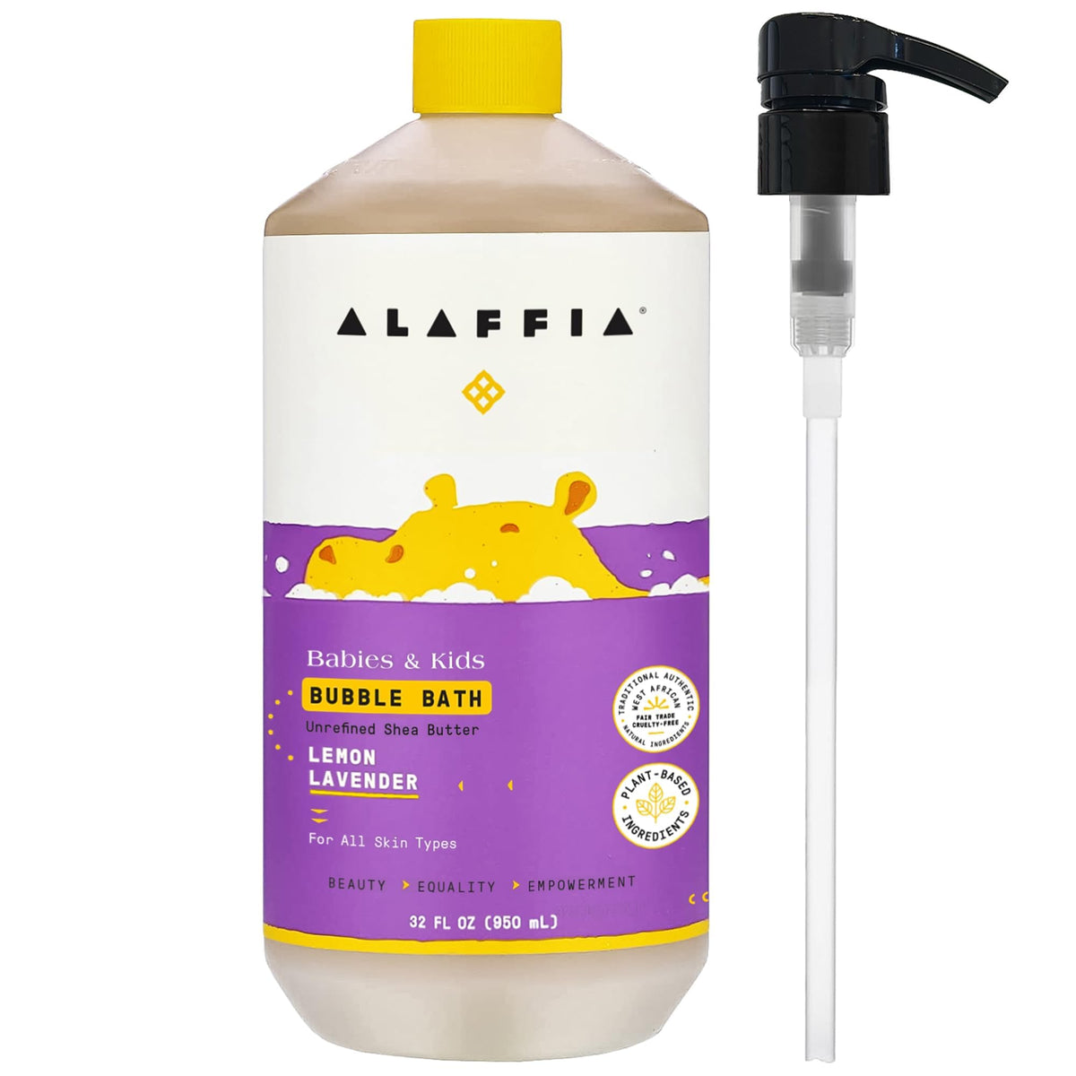Alaffia Babies and Kids Bubble Bath lemon lavender pump bottle gently cleanses delicate skin.