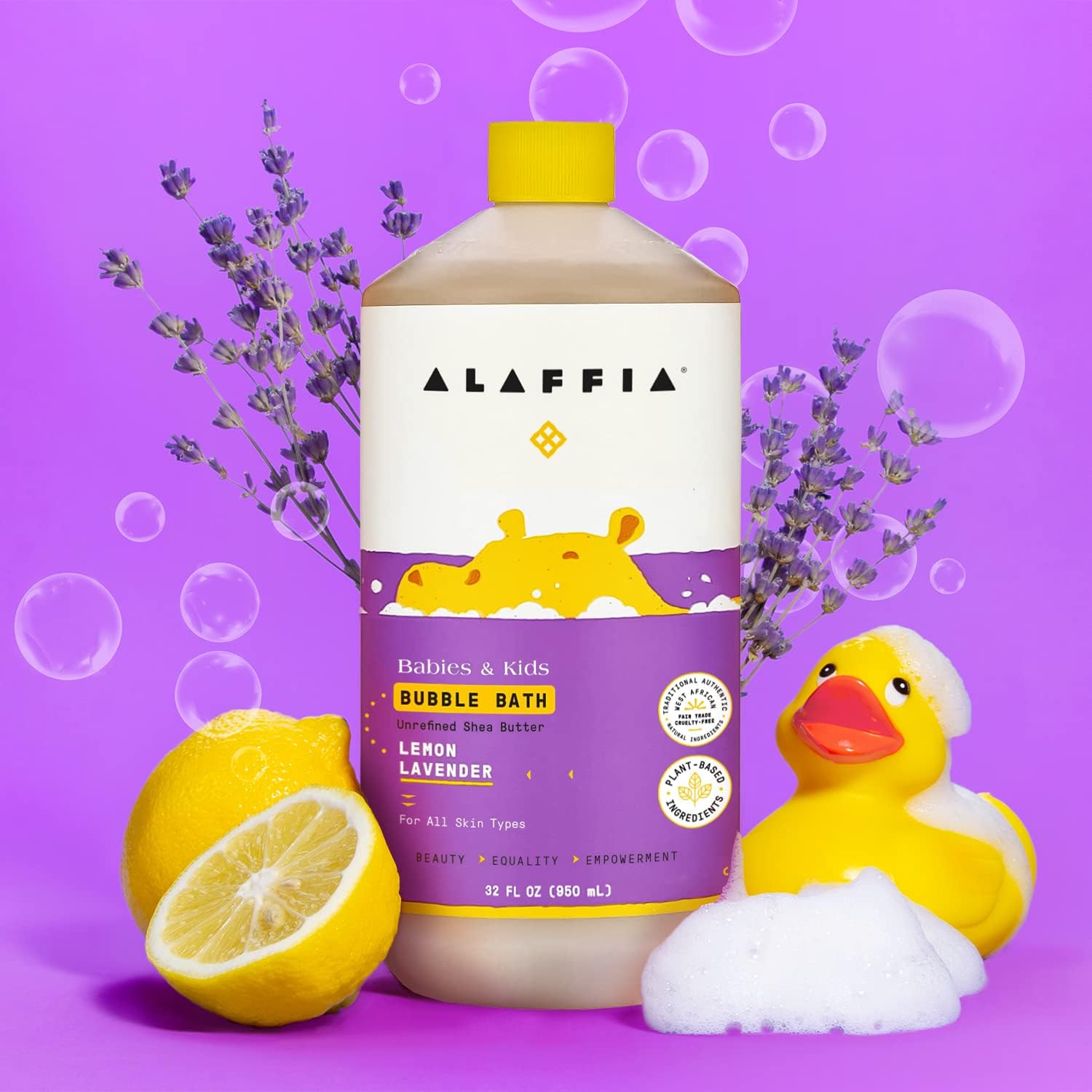 Alaffia bubble bath bubbles; mild lather for gentle cleanup.
