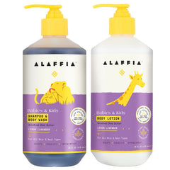 Alaffia Babies Kids Shampoo Body Wash bottle demonstrates gentle cleansing for delicate hair and skin.