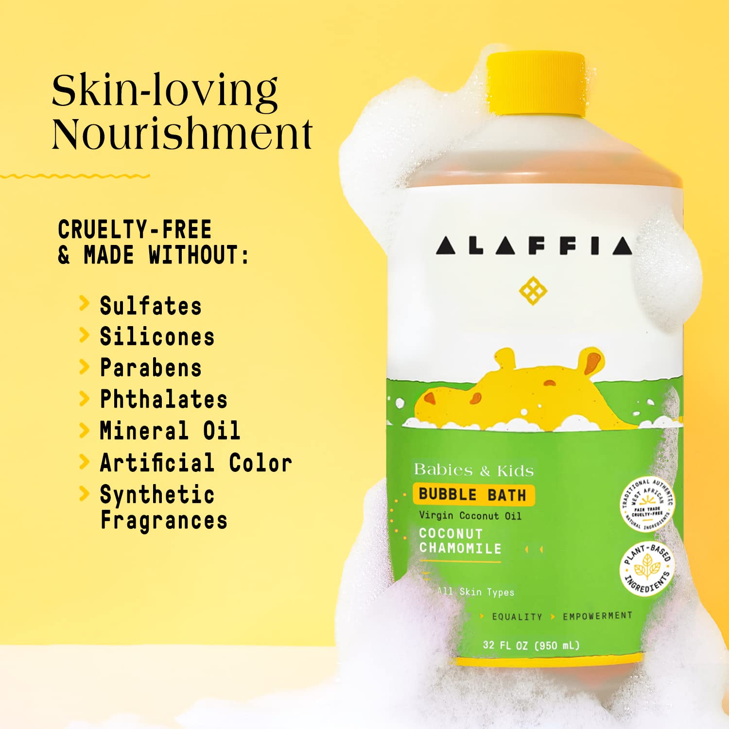 Alaffia cruelty-free and vegan bubble bath designed for delicate skin and worry-free bath time.