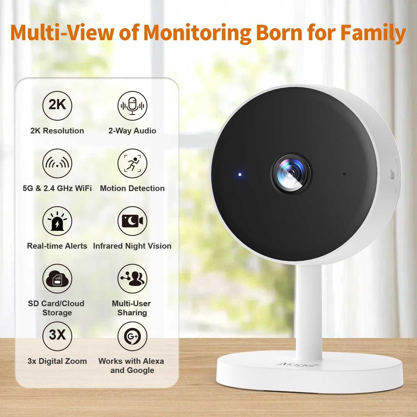 Alaga 2K indoor camera in bedroom setup supports monitoring loved ones.